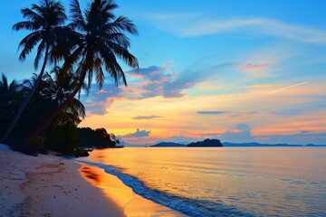 Beautiful tropical beach with palm trees silhouettes at dusk.
