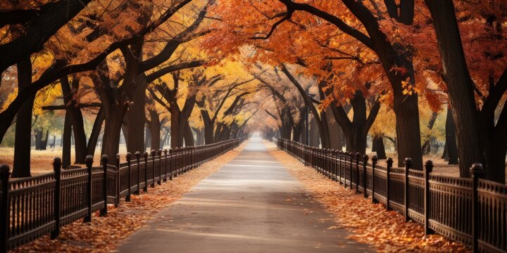 A tree-lined street in the suburbs with numerous trees lining the road - Powered by Adobe