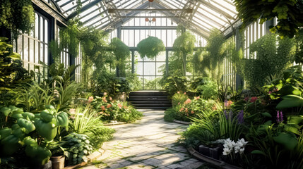 Fototapeta na wymiar Under the radiant sun, a greenhouse brimming with exotic plants is showcased, offering a glimpse of vibrant foliage and botanical wonders on a bright, sunny day.