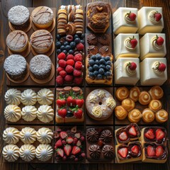 A flat lay composition of various pastries and confections neatly arranged on a rustic wooden table, ideal for showcasing a bakery's diverse dessert offerings.