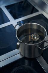 Large metal pan with a ladle sits on induction hob