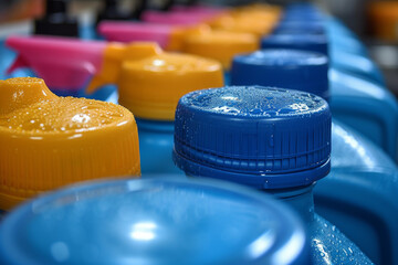 Closeup of blue and yellow bottle tops - obrazy, fototapety, plakaty