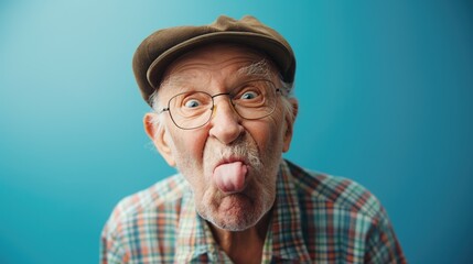 Old man sticking his tongue out at the camera against a blue background. Vieil homme tirant la langue à la caméra sur fond bleu.