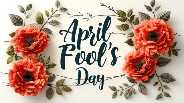 A card with the words "April Fool's Day" written in bold colorful letters on a festive background surrounded by orange flowers