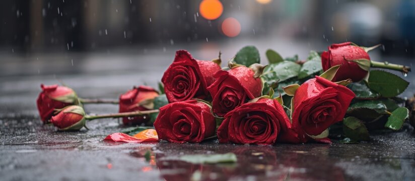 Red roses fall on the ground during rain