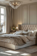 Stylish bedroom interior with big beige bed and bedside table