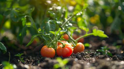 Tomatoes ripen in the organic garden, ai generative