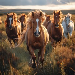Obraz premium A group of wild horses galloping across an open field, their flowing manes and tails creating a sense of freedom and untamed beauty 