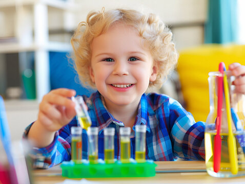 Back to school and home schooling. Science and education concept. Happy little scientist making experiment with test tube. Portrair close up.