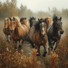 Fototapeta premium A group of wild horses galloping across an open field, their flowing manes and tails creating a sense of freedom and untamed beauty 