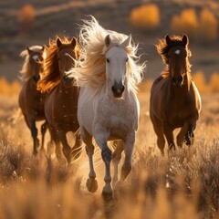Obraz premium A group of wild horses galloping across an open field, their flowing manes and tails creating a sense of freedom and untamed beauty 