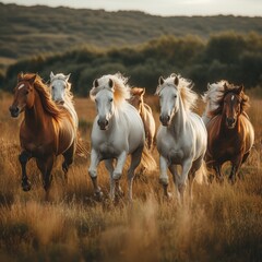 Obraz premium A group of wild horses galloping across an open field, their flowing manes and tails creating a sense of freedom and untamed beauty 