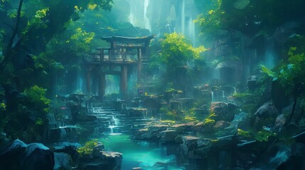Ancient Zen Garden in Forgotten Forest with Clear Stream - obrazy, fototapety, plakaty