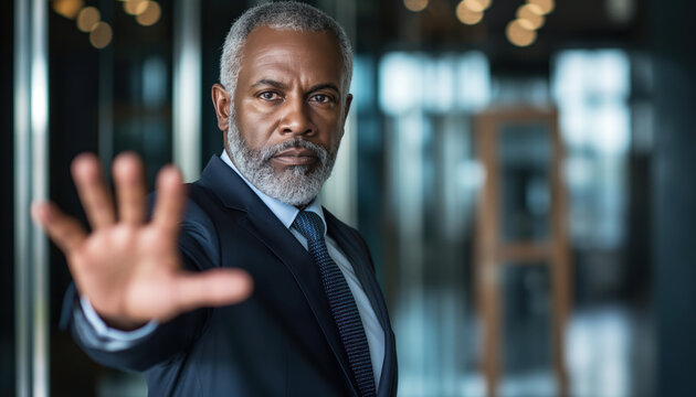 A brutal 55-years old black man in business suit stretches out his palm to the camera and says with a "stop" gesture. Social problems disrespect for the older generation, prohibition, refusal, disagre