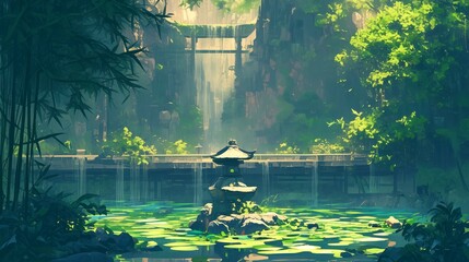 Zen Garden Oasis in Bustling City with Tall Bamboo Fencing, fantasy scenery. digital artwork. fantasy illustration