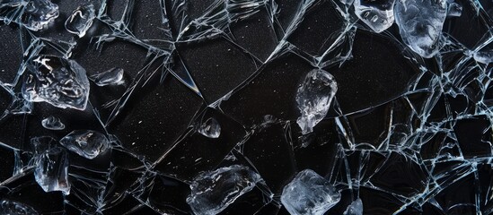 Shattered black mirror glass pieces over dark background surface for dramatic art and design concept - obrazy, fototapety, plakaty