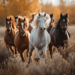 Obraz premium A group of wild horses galloping across an open field, their flowing manes and tails creating a sense of freedom and untamed beauty 