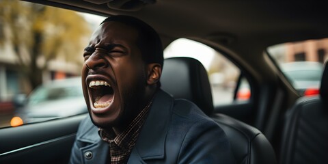 Black man expresses frustration in the back of a car. Concept Emotions, Frustration, African American, Transportation, Facial Expression - obrazy, fototapety, plakaty