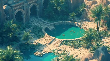 Desert Oasis Zen Garden with Clear Pond, Palm Trees, and Cacti, fantasy scenery. digital artwork. fantasy illustration