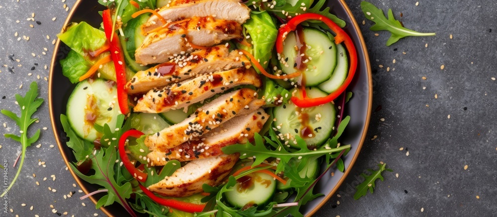 Canvas Prints Delicious chicken salad with fresh vegetables, sesame seeds, and nutritious ingredients