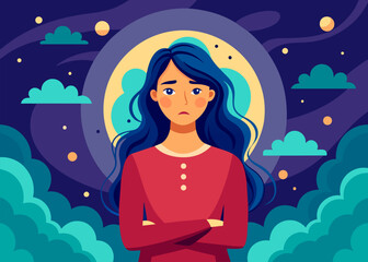 Woman in PTSD, depression, anxiety and Mental Health problem vector illustration in abstract background