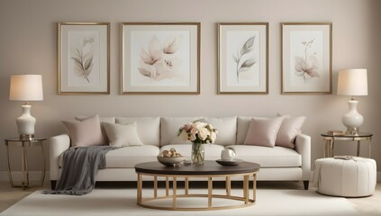 Fototapeta na wymiar Step into a world of luxury with this living room wall featuring three stunning tables, each with its own distinct frame.