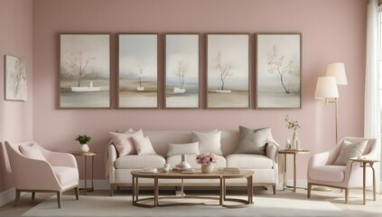 Transport yourself to a serene living room with this wall featuring three tables, each with its own frame, beautifully rendered in a realistic daylight setting.