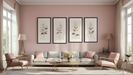 Get lost in the beauty of this living room wall featuring three tables, each with its own frame, beautifully rendered in a realistic daylight setting. The soft colors and 45 degree angle create - obrazy, fototapety, plakaty
