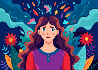 Woman in PTSD Herpetophobia fear of reptiles snakes and lizards vector illustration, girl panic attack and fear, mental health concept.