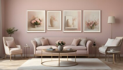 Get lost in the beauty of this living room wall featuring three tables, each with its own frame, beautifully rendered in a realistic daylight setting. The soft colors and 45 degree angle create