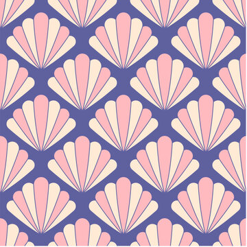 Seashell seamless vector pattern with striped shells on purple background. Cute seamless stylized seashell seamless pattern. 