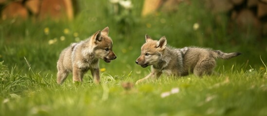 Obraz premium Adorable two baby wolf pups playing joyfully in lush green grassy field on a sunny day