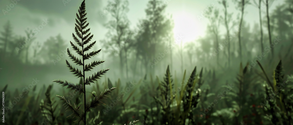 Poster morning mist in the forest: light filters through fog-shrouded trees, creating a scene of ethereal b