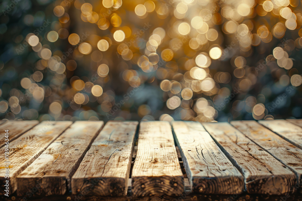 Poster wooden board empty table in front of blurred background.