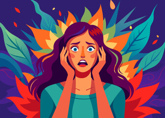 woman in anxiety, face, expression, problem, mental stress, worry, depression, anxiety concept. Young anxious worried woman girl teenager character looking stressed and nervous with hands on mouth