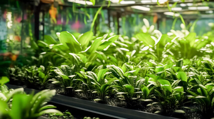 Naklejka premium A panoramic view captures the essence of a greenhouse, where a bounty of organic vegetables and herbs flourish, nurtured by sunlight and tender care.