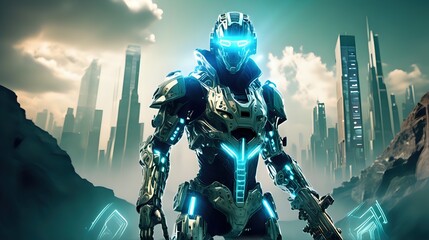 A digital avatar representing a hacker, clad in cybernetic armor and wielding virtual weapons in a virtual landscape.