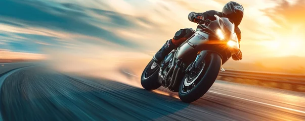 Fototapete Motorbike rider in sunset light riding with high speed © Daniela