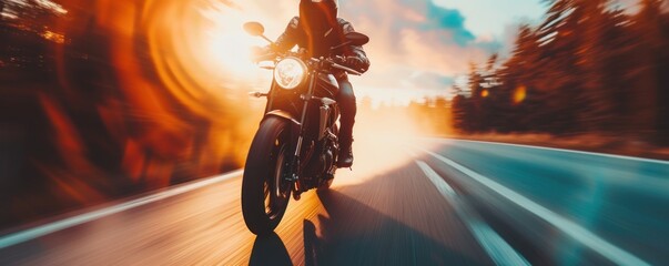 Motorbike rider in sunset light riding with high speed