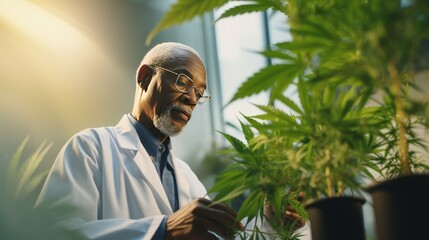 Old man scientist grows medical cannabis in scientific laboratory checking quality of plants - obrazy, fototapety, plakaty