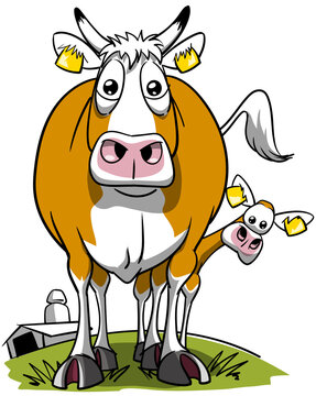 Blonde holstein cow with her calf looking at the viewer head-on in a meadow with the farm barn in the background, cartoon style.