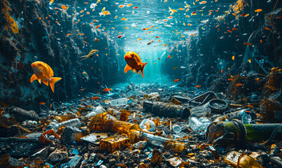 Underwater view of ocean pollution with plastic waste and discarded trash affecting marine life, highlighting the environmental issue of water contamination