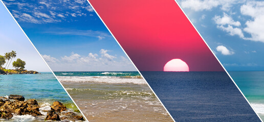 Picturesque tropical beach. Collage. Wide photo.