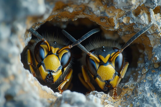 Close up of two wasps in a hole
