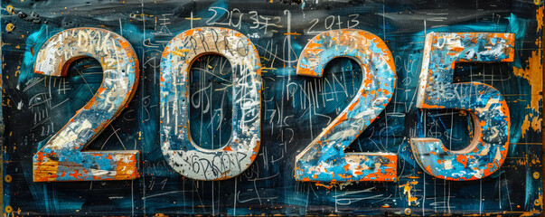 The year 2025 written in bold white chalk on a classic blackboard, symbolizing future planning, goal setting, and upcoming events in education or business - obrazy, fototapety, plakaty