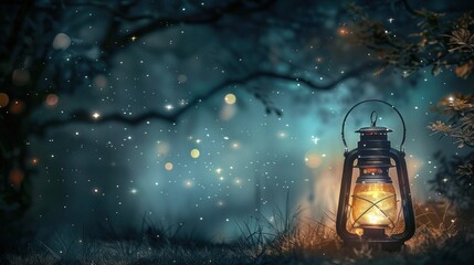 Mystical night in forest with gold glowing lantern, Copy space - Powered by Adobe
