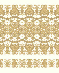 Golden seamless ornamental laced  vector pattern, on white background