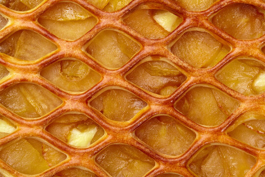 Macro shot of apple pie with custard and lattice top