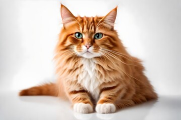 Angry funny ginger cat standing on transparent  white