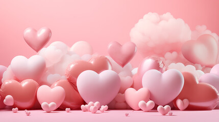 Valentines Day, Heart Balloons pink background, clouds
